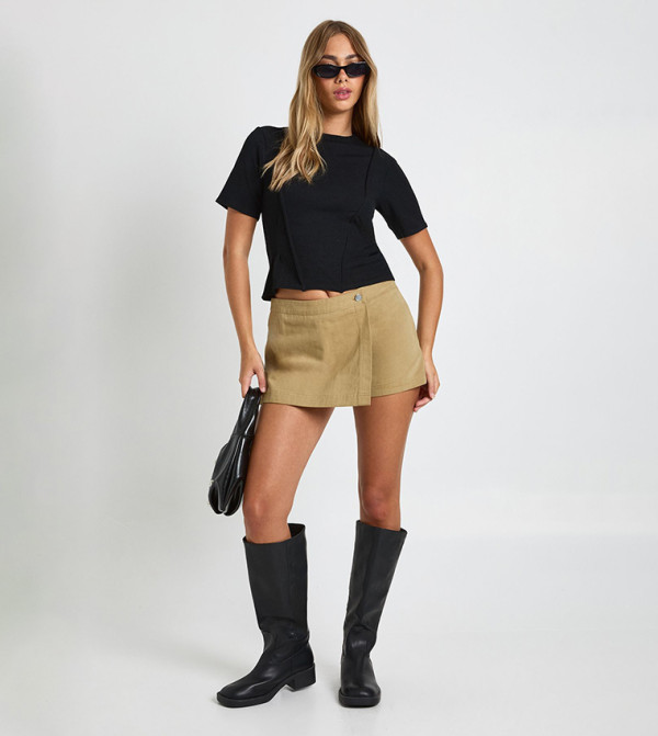Rib Cinched Waist Seam Detail Fitted Top