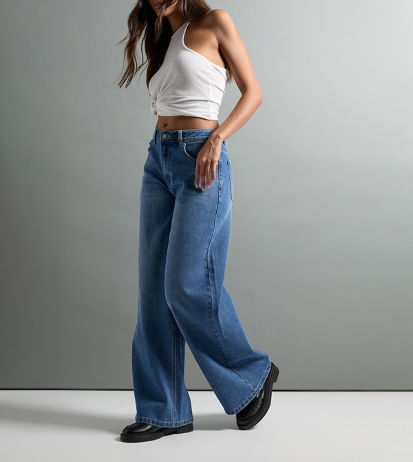 Washed Mid Waist Wide Leg Jeans