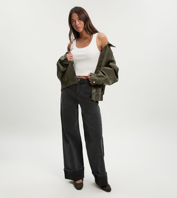 Turn Up High Waist Straight Fit Jeans