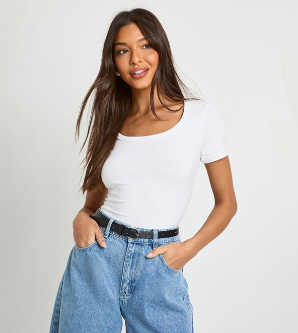 Solid Square Neck Short Sleeves Top