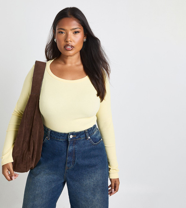 Curve Ribbed Scoop Neck Long Sleeves Fitted Top