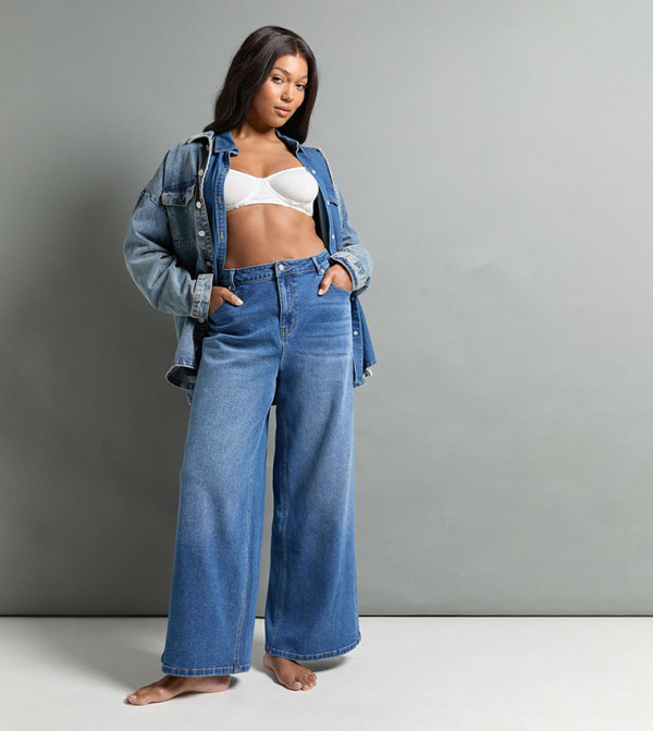 بنطلون جينز مبطن واسع بخصر متوسط للمقاسات الكبيرة