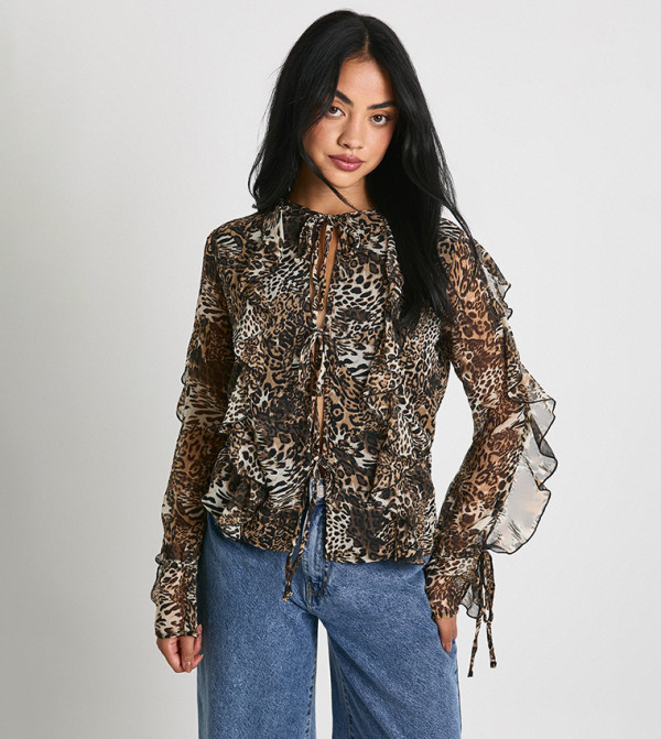 Leopard Patterned Chiffon Tie Front Top