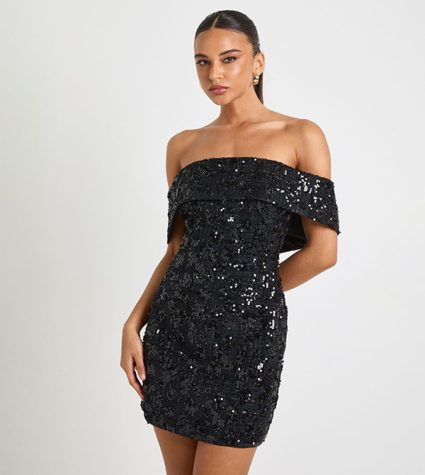 Boucle Sequinned Bardot Shift Mini Dress