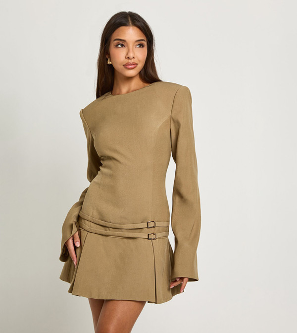 Tailored Buckle Detail Pleated Mini Dress