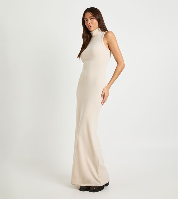 Ribbed Sleeveless High Neck Maxi Dress