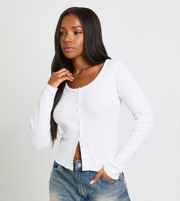 Ribbed Button Through Scoop Neck Long Sleeves Top
