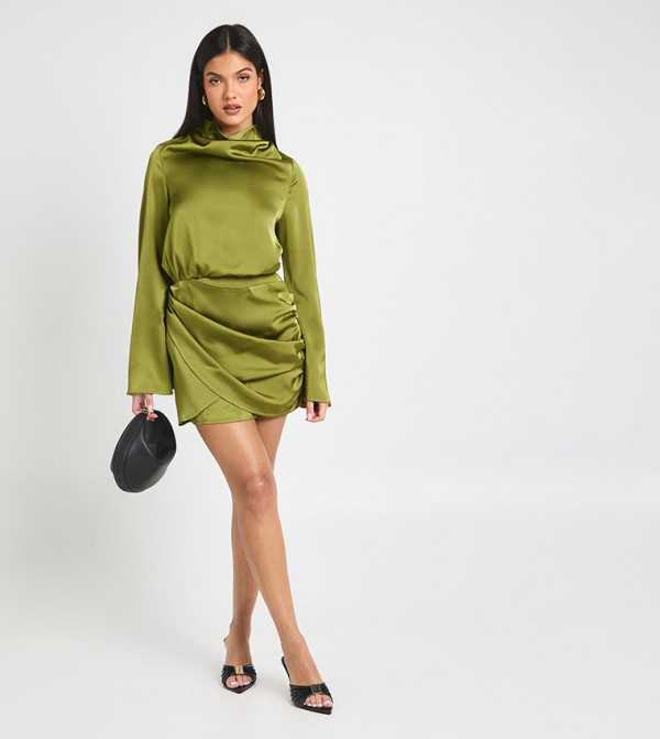 Satin High Cowl Wrap Mini Dress