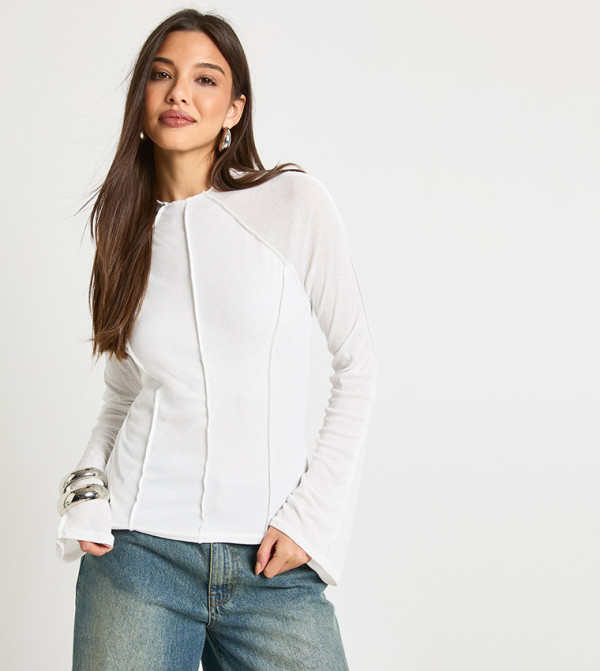 Double Layer Textured Mesh Seam Detail Long Sleeves Top