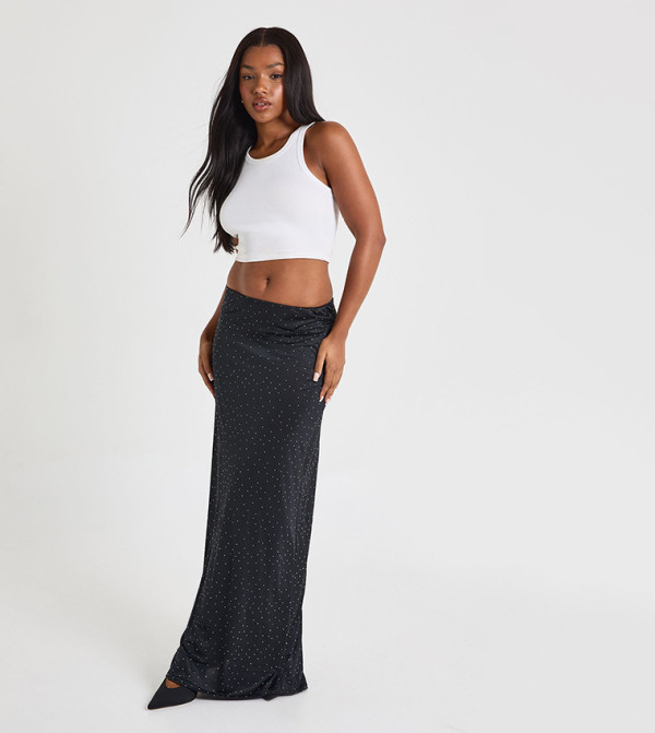 Embellished Slinky Low Waisted Maxi Skirt