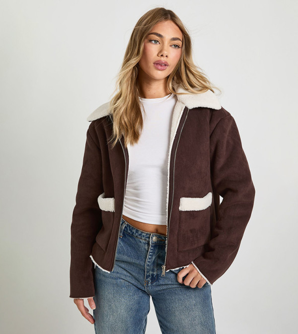 Teddy Trim Faux Suede Aviator Jacket
