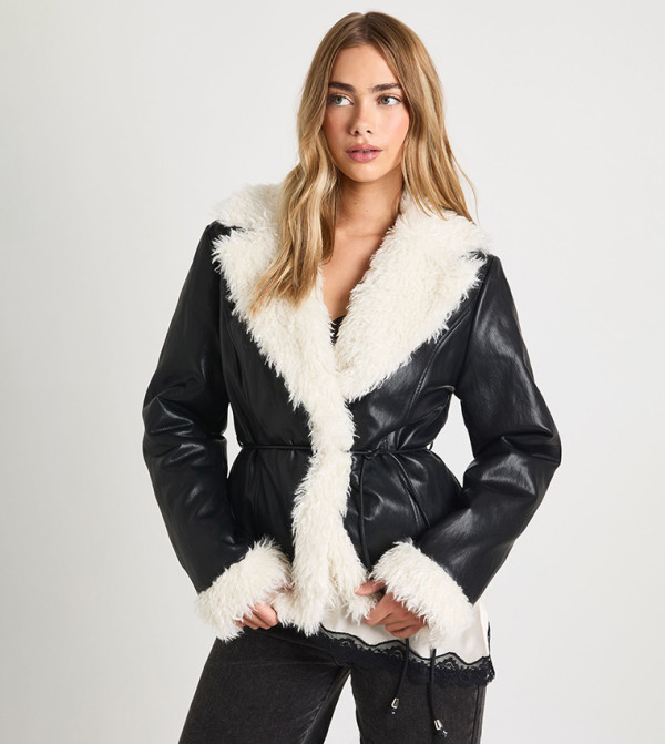 Faux Leather Belted Aviator Jacket