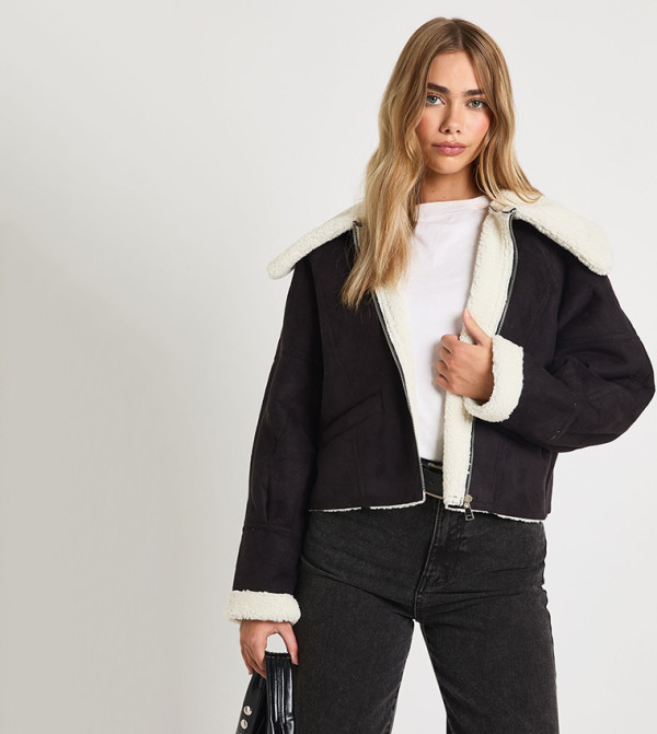Teddy Trim Faux Suede Aviator Jacket