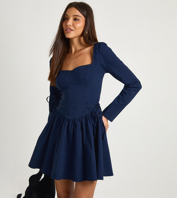 Long Sleeves Tie Waist Skater Mini Dress