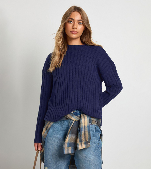 Ribbed Knit High Neck Sweater