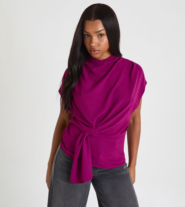 Hammered Knot Front Cowl Neck Top