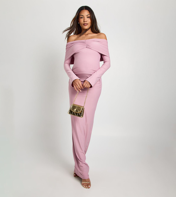 Ruched Bardot Flare Sleeves Maternity Maxi Dress