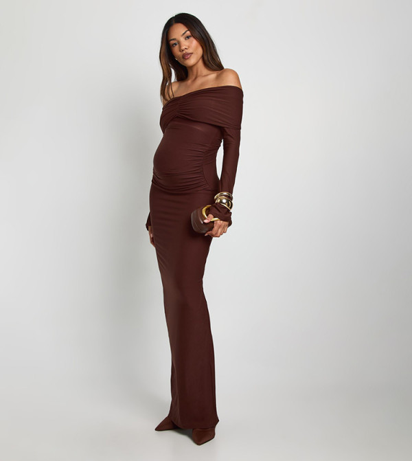 Maternity Bardot Ruched Flared Sleeves Maxi Dress