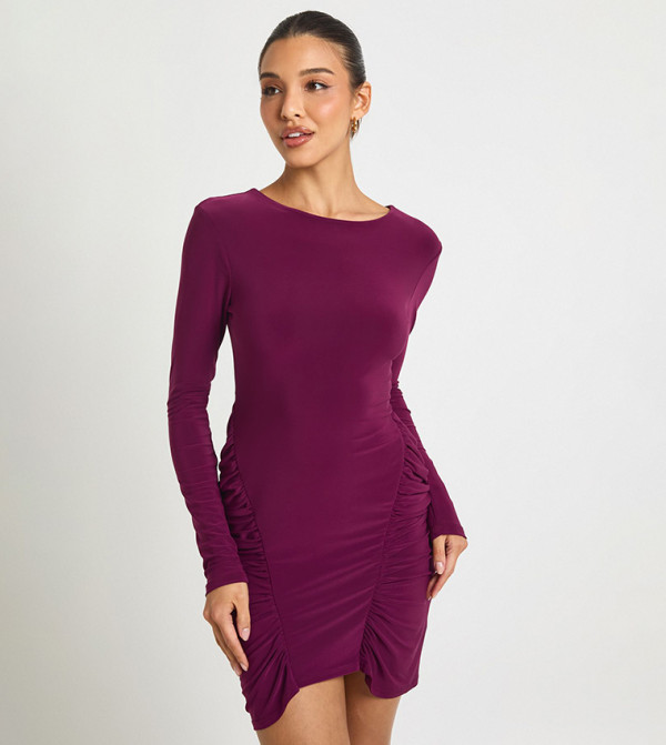 Solid Long Sleeves Ruched Panel Mini Dress