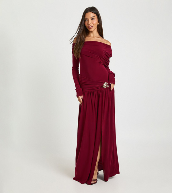 Trim Detail Asymmetric Long Sleeves Maxi Dress