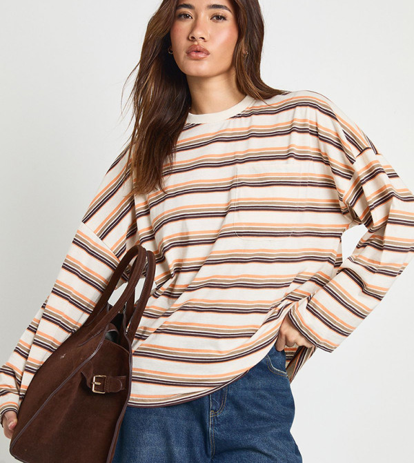 Striped Pocket Front Long Sleeves T-Shirt