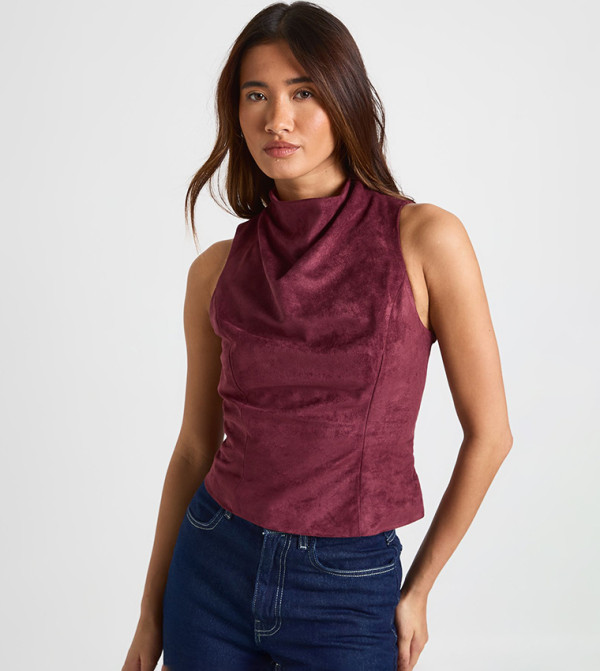 Faux Suede Sleeveless Cowl Top