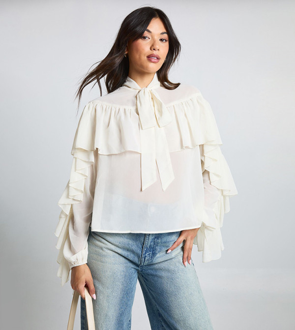 Ruffle Tie Detail Long Sleeves Top