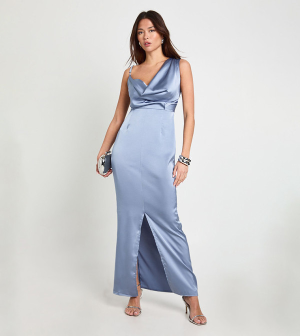 Asymmetric Satin Drape Back Maxi Dress