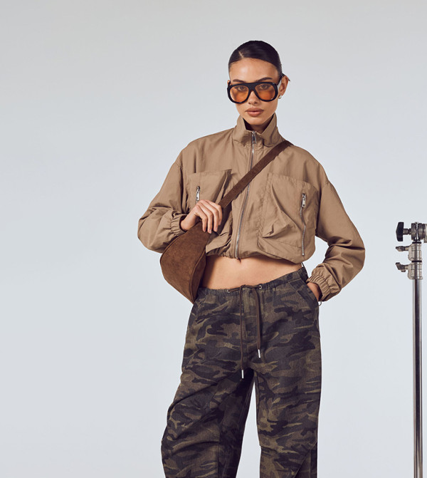 Funnel Neck Cropped Utility Jacket