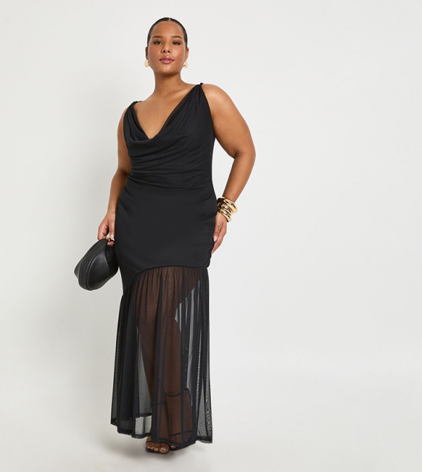 Curve Cowl Mesh Hem Maxi Dress