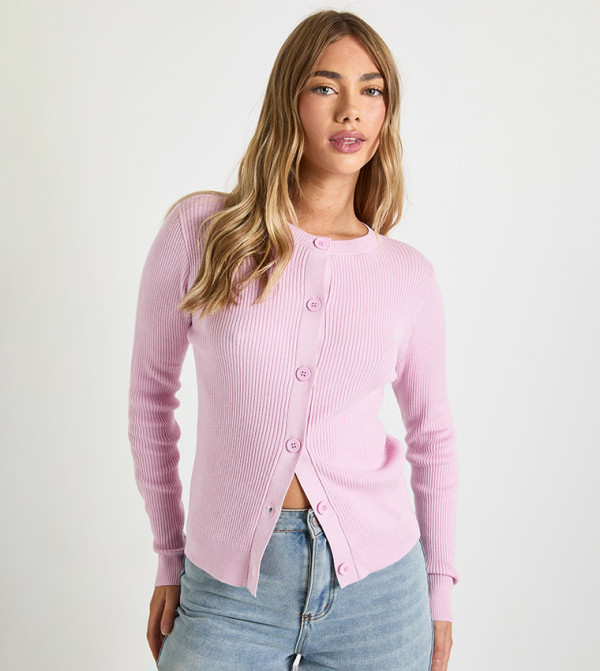 Ribbed Knit High Neck Button Down Knitted Cardigan