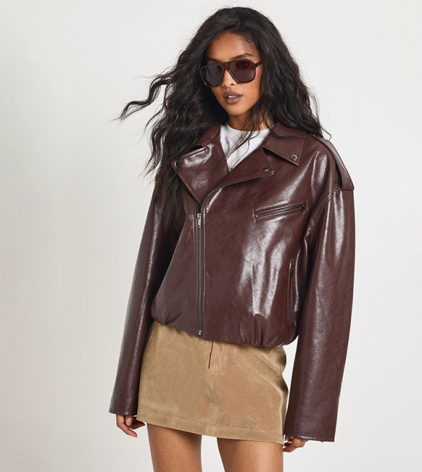 Faux Leather Bubble Hem Biker Jacket