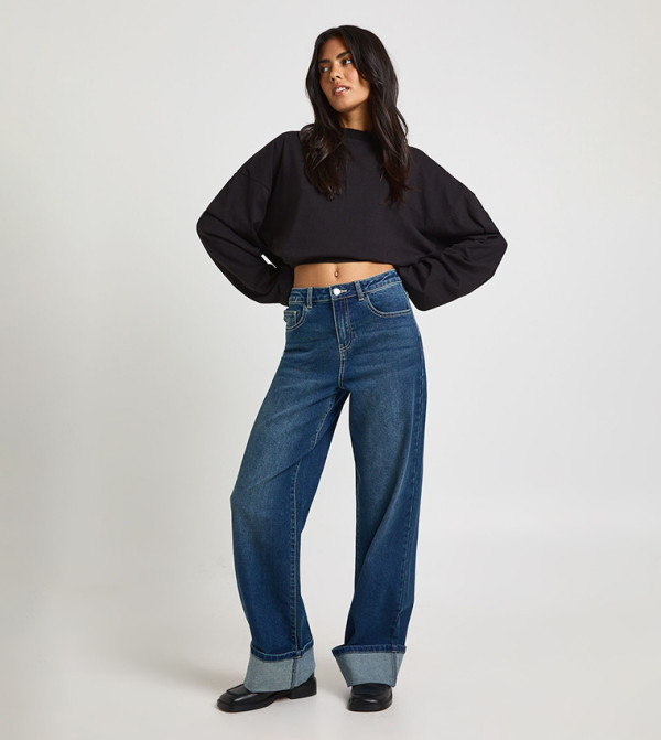 Turn Up High Waist Wide Leg Jeans