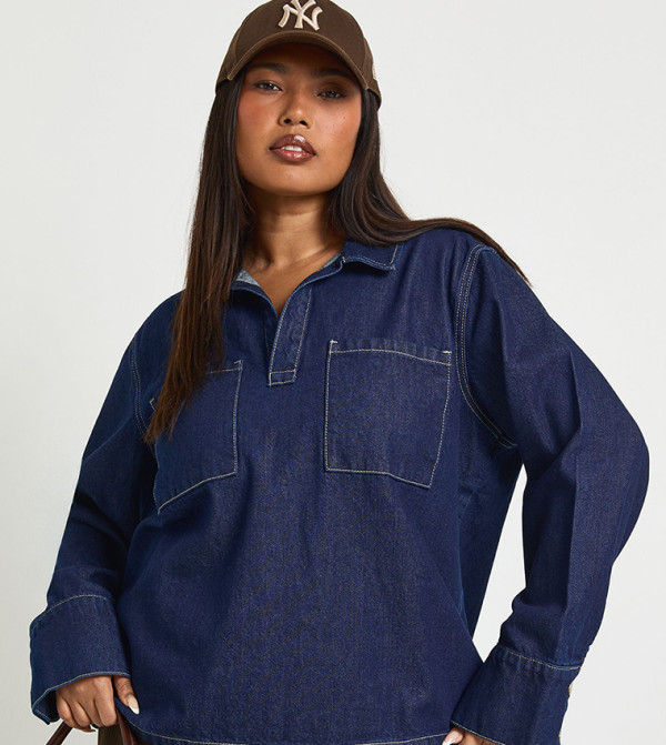 قميص جينز بقبة بولو للمقاسات الكبيرة