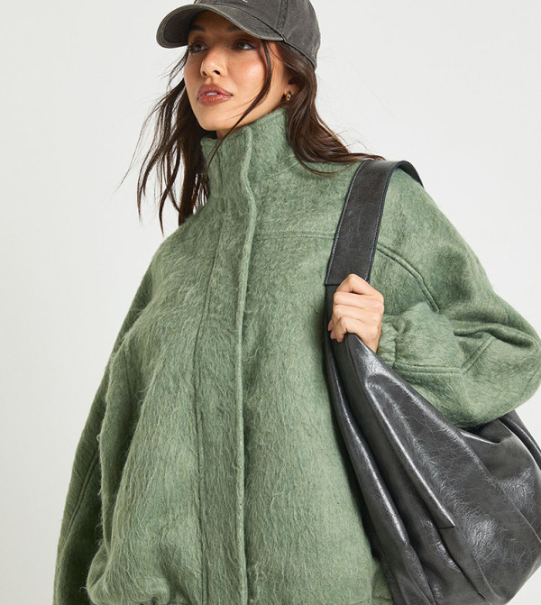 Textured Wool Look Bomber Jacket