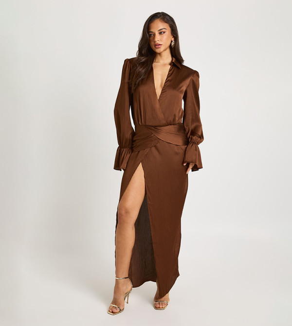 Satin Twist Front Split Maxi Dress