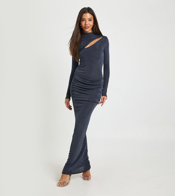 Key Hole Drape Detail Slinky Long Sleeves Maxi Dress