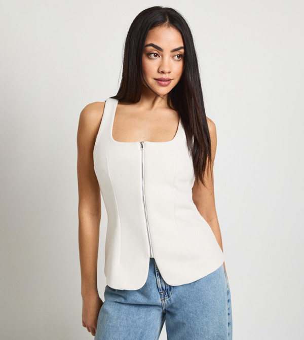 Wool Look Zip Front Sleeveless Top