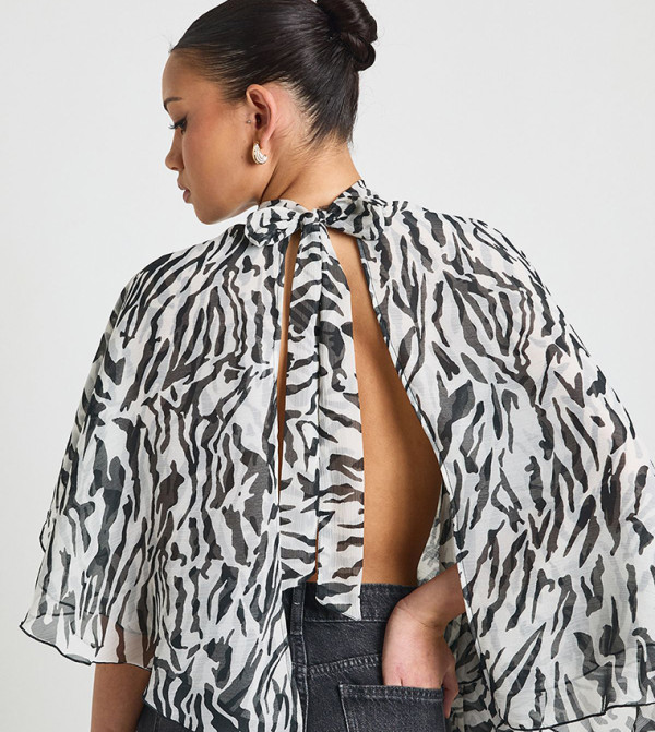 Zebra Patterned High Neck Cape Top