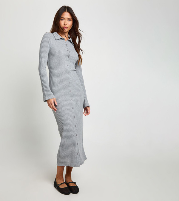 Ribbed Collared Button Down Shirt Midaxi Dress