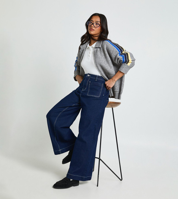 Petite High Waist Front Pocket Wide Leg Jeans