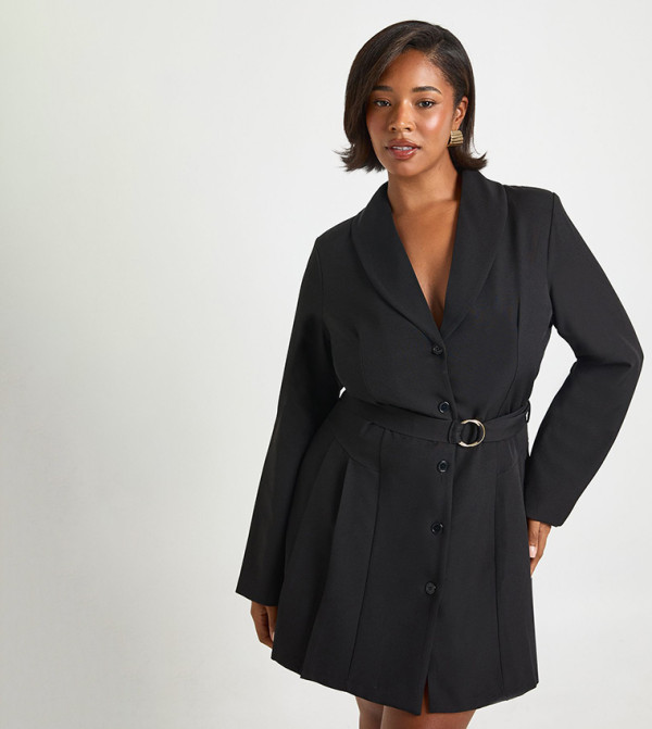 Curve Buckle Detail Tie Waist Tailored Mini Blazer Dress
