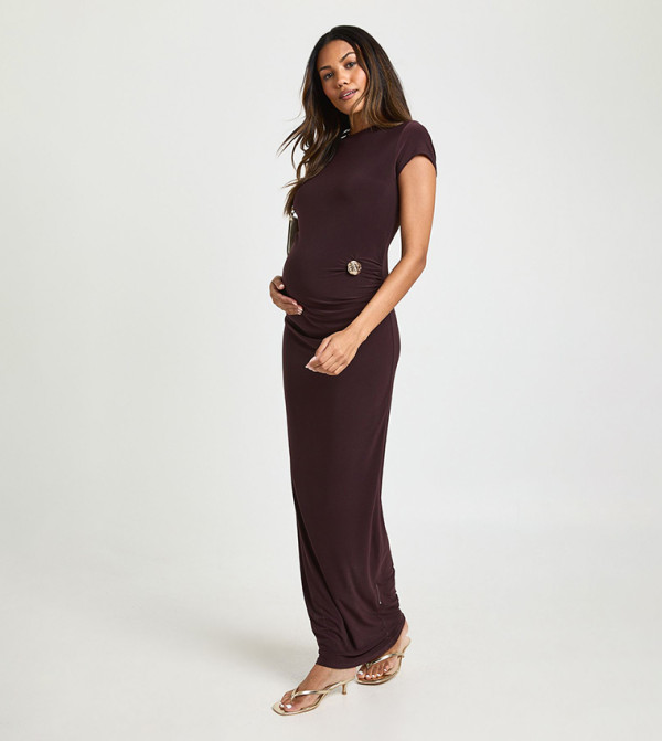Ruched Waist Trim Detail Cap Sleeves Maxi Maternity Dress