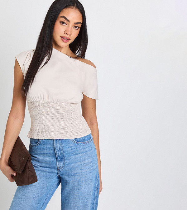 Textured Asymmetric Shirred Top
