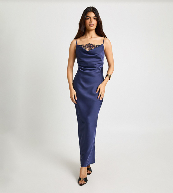 Satin Lace Cowl Neck Slip Maxi Dress