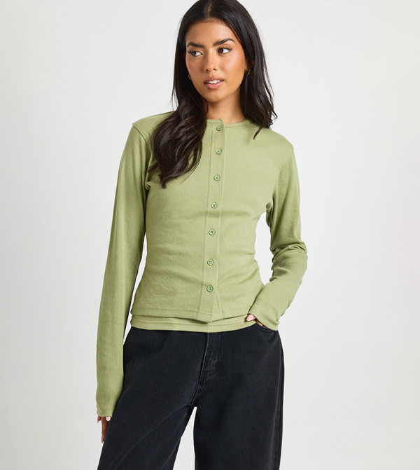 Ribbed Double Layer Button Through Top