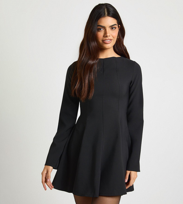 Seam Detail Long Sleeves Flared Hem Mini Dress