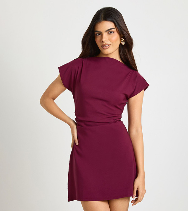 Ruched High Neck Cap Sleeves Shift Mini Dress