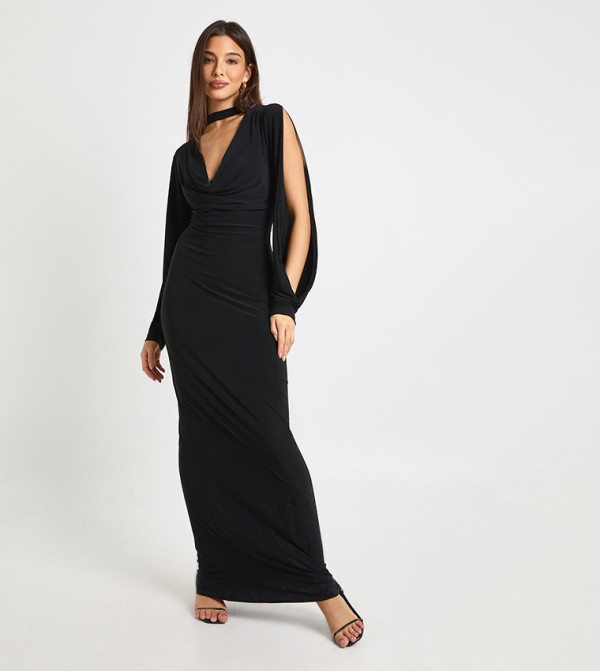 Choker Neck Long Sleeves Open Arm Detail Maxi Dress