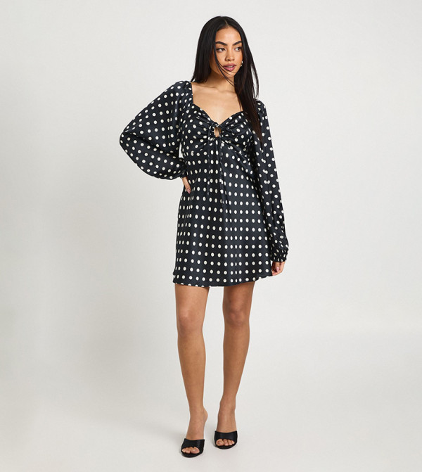 Polka Dots Volume Sleeves Satin Mini Dress